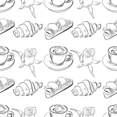 vektörsüz desenli sanat öğeleri - yemek, mutfak kahvaltısı kapuçino, kruvasan, sandviç, gül