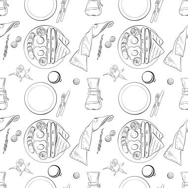 Vektörsüz desenli sanat elementleri - yemek, mutfak kahvaltısı, tabak, bardak, çatal bıçak, taze kahve, mutfak havlusu, kızarmış yumurta, sosis ve tost