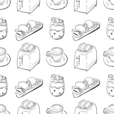 Vektörsüz desenli sanat elementleri - yemek, ızgara yumurtalı kahvaltı tostu, böğürtlenli yoğurt, kapuçino, tost makinesi