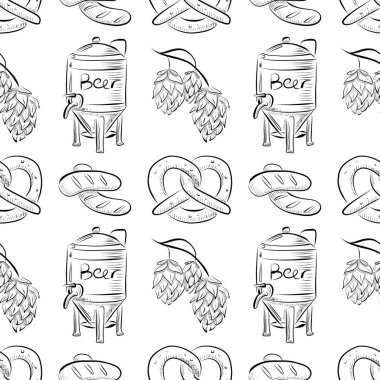Vektörsüz desen çizgisi sanat elementleri bira barı - bir fıçı bira, zıpır, sosis, bira ekmeği