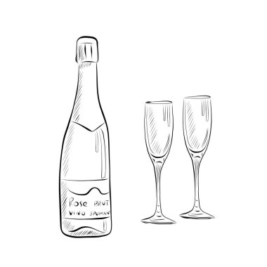 Çizgi çizme. Sanat tarzında şampanya şişesi. Vektör minimalist tasarımı