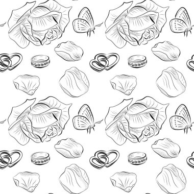 Düğün teması üzerine çizgilerin pürüzsüz desenleri. Gül, taç yaprakları, yüzük, kalp.