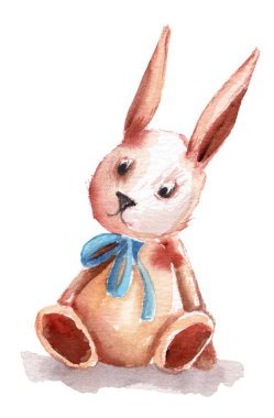 Elle çizilmiş antik bir oyuncağın suluboya resmi. Fiyonklu bir tavşan.