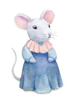 Elle çizilmiş antik bir oyuncağın suluboya resmi. Elbise giymiş bir fare.