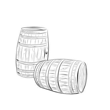 Çizgi çizme. Çizgi sanatı - iki ahşap şarap fıçısı. Vektör minimalist tasarımı