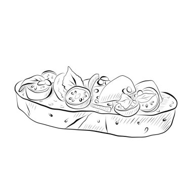 Çizgi çizme. Çizgili sanat yemeği, domatesli bruschetta, peynir ve otlar. Vektör minimalist tasarımı