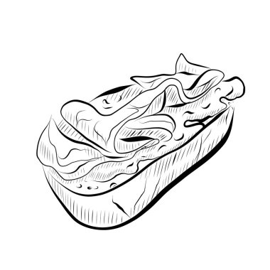 Çizgi çizme. Çizgili sanat yemeği - peynirli bruschetta, prosciutto ve otlar. Vektör minimalist tasarımı