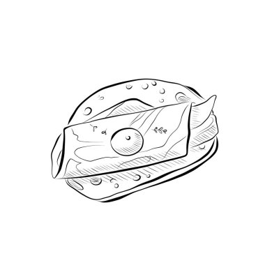 Çizgi çizme. Çizgili sanat yemeği - peynirli bruschetta, prosciutto, jamon. Vektör minimalist tasarımı