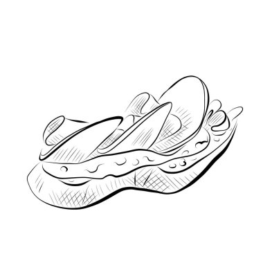 Çizgi çizme. Çizgili sanat yemeği - peynirli bruschetta, prosciutto, jamon. Vektör minimalist tasarımı