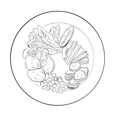 Çizgi çizme. Sanat tarzında yemek. Dilimlenmiş sebzeler, salatalık, avokado, Brüksel lahanası, brokoli, domates, yeşillik, fasulye. Vektör minimalist tasarımı