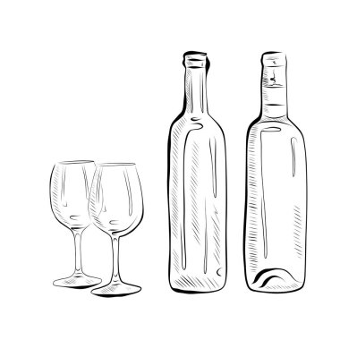 Çizgi çekme. Çizgi Sanatı - İki Şarap Kadehi ve Şişe. Vektör Minimalist Tasarımı