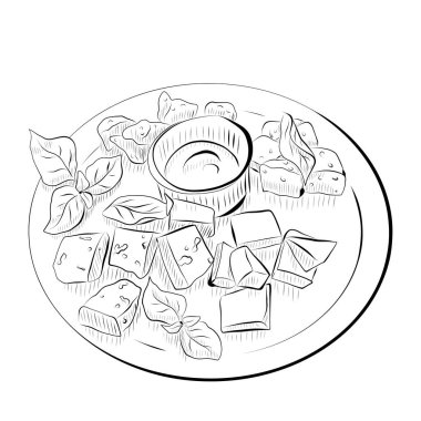 Çizgi çizme. Çizgi yemek sanatı, farklı peynir parçaları, yeşillik ve sos tabakları. Vektör minimalist tasarımı