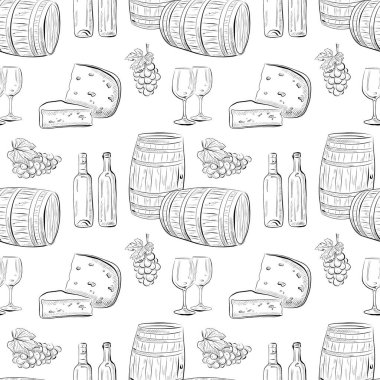 Vektörsüz desenli sanat öğeleri - yiyecek, şarap, fıçılar, üzümler, peynir, bardaklar