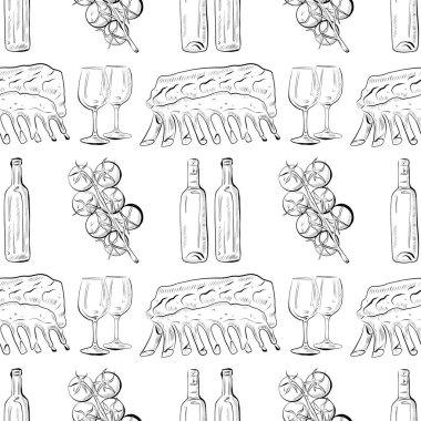 Vektörsüz desenli sanat elementleri - yemek, ızgara kaburga, şarap, bardak, domates