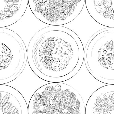 Vektörsüz desensiz sanat elementleri - yiyecek, mantar risotto, deniz ürünleri makarnası, sebze, cioppino