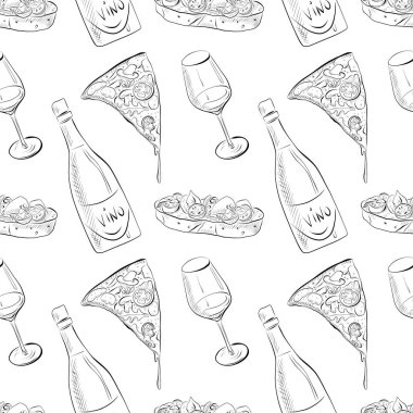 vektörsüz desenli sanat öğeleri - yemek, şarap, pizza, bruschetta