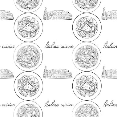 vektörsüz desenli sanat elementleri - yiyecek, kolezyum, salata, makarna