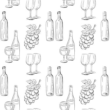 vektörsüz desenli sanat elementleri - yiyecek, şarap şişeleri ve bardaklar, üzümler