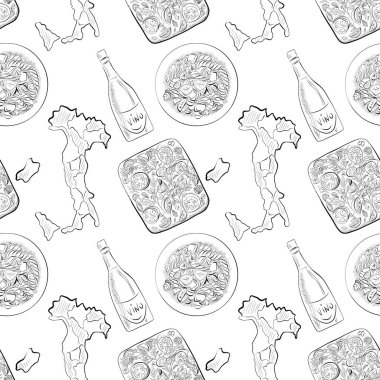 vektörsüz desenli sanat elementleri - yiyecek, İtalya haritası, polenta, şarap, makarna