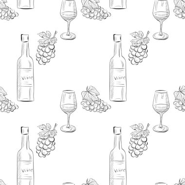 vektörsüz desen çizgisi sanat elementleri - yiyecek, şarap, cam, üzüm