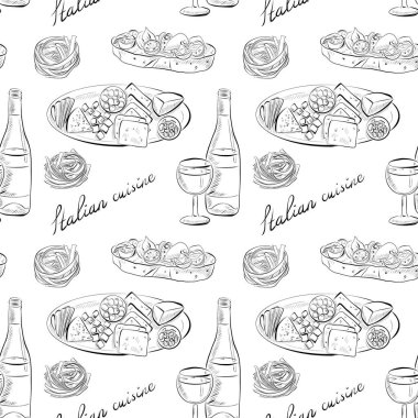 vektörsüz desenli sanat elementleri - yiyecek, dilimlenmiş peynir, şarap, bruschetta, makarna