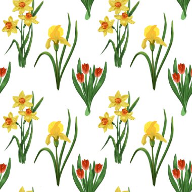 İris, narsis ve lale için kusursuz desenli bahar çiçekleri.