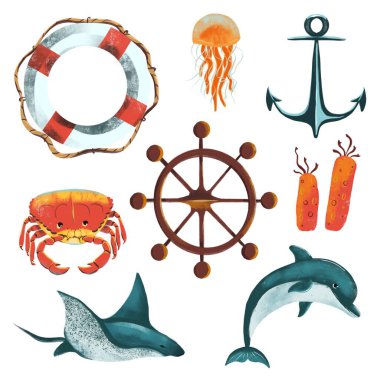 Okyanusun, denizin bir dizi çizimi - bir dizi deniz okyanusu çizimleri - cankurtaran, yengeç, denizanası, çapa, dümen, vatoz, yunus, mercan - tasarımınız için