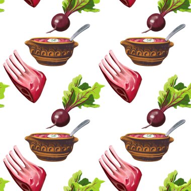 Mutfak temalı, pancar çorbası tasarımı için kusursuz desen, kemikte et, pancar.