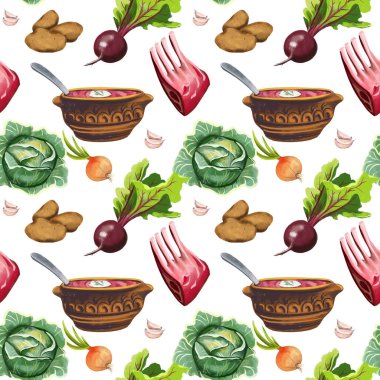 Pancar, lahana, patates, soğan, sarımsak, sebze, sebze ve sebze tabağı için kusursuz bir mutfak teması.