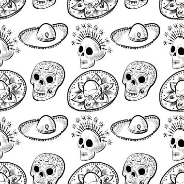Ölüler Günü. Bir Meksika festivalinin çizgi çizimi. Kusursuz desen. Sombrero, kurukafa, halka