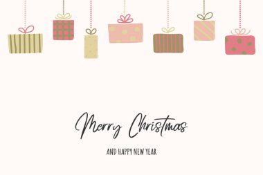 Noel tebrik kartı ve hediye kutuları. Vektör