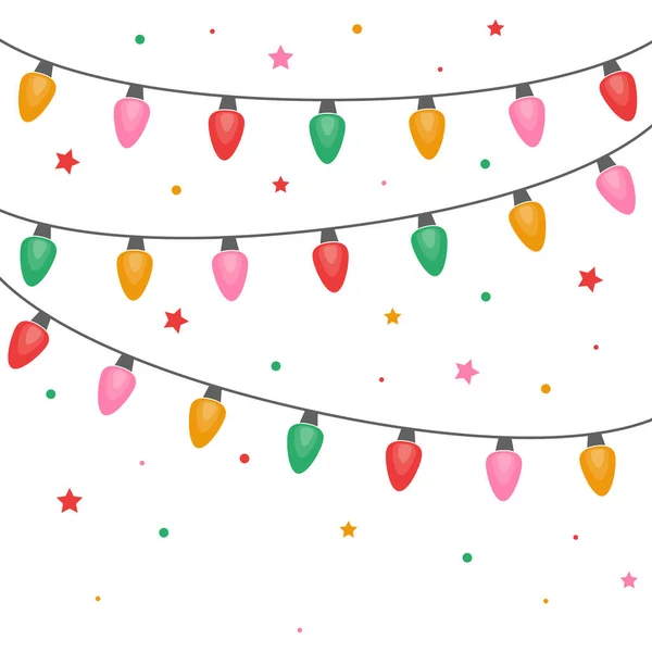 Bunte Von Hand Gezeichnete Lichterkette Weihnachtlicher Hintergrund Vektorillustration — Stockvektor