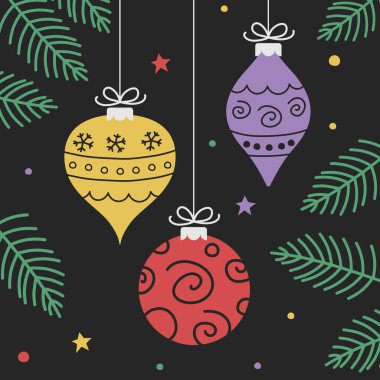 Renkli el çizimi süsler. Noel arkaplanı. Vektör illüstrasyonu