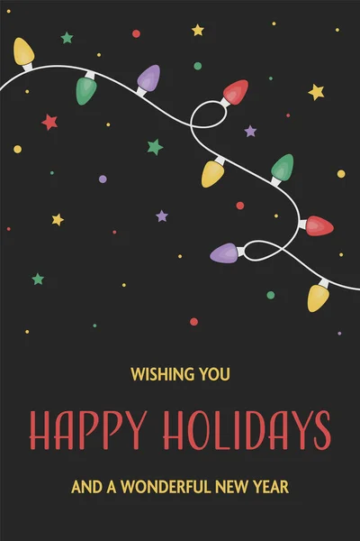 Colorido Cordón Luces Dibujado Mano Tarjeta Navidad Con Deseos Ilustración — Vector de stock