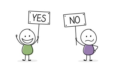 İş görüşmeleri konsepti. Sopacılar tabağı mesajla tutuyorlar - evet ve hayır. Vektör