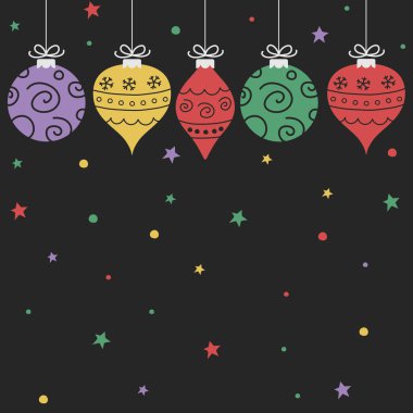 Noel arkaplanı. Asılı el çizimi süsler. Vektör illüstrasyonu