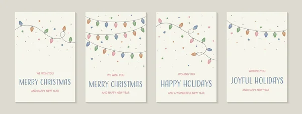 カラフルなクリスマスライトのコード 装飾品のグリーティングカードのセット ベクターイラスト — ストックベクタ