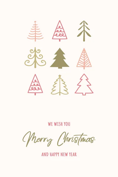 Árvores Natal Desenhadas Manualmente Cartão Saudação Com Ornamentos Ilustração Vetorial — Vetor de Stock