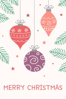 Renkli Noel takıları. Dekorasyonlu tebrik kartı. Vektör illüstrasyonu
