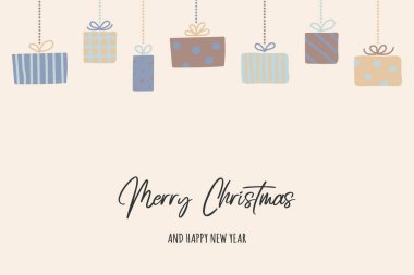 Noel hediye kutuları ve dilekleri asılı olan tebrik kartı. Vektör