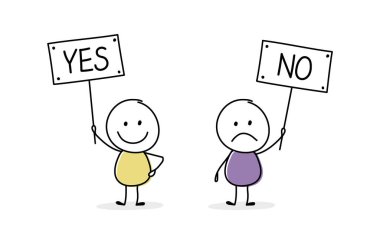 Tahtasında yazı olan komik adamlar. Evet ve hayır. İş toplantısı konsepti. Vektör