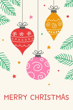 Renkli Noel takıları. Dekorasyonlu tebrik kartı. Vektör illüstrasyonu