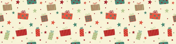 クリスマスプレゼントボックスとシームレスなパターンのデザイン パノラマヘッダー ベクトル — ストックベクタ