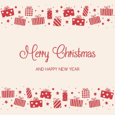 Elle çizilmiş hediye kutularıyla Xmas tebrik kartı. Noel tasarımı. Vektör