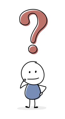 Yapışkan adamı soru işareti sembolüyle düşünmek. Vektör