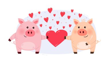 Cute pigs with hearts for Valentines Day. Concept of cartoon style animal couple in love. Drawing for invitation, cards, poster. Vector illustration