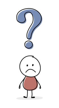 Sad stickman with question mark symbol. Vector