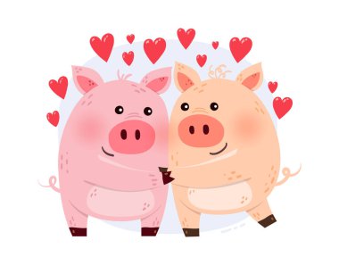 Cute and funny pigs in love. Animal characters with hearts. Design for for invitation, cards, poster. Vector illustration