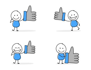 Collection of a funny stickman holding thumb up icon. Hand drawn design for a business presentation. Vector illustration