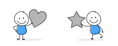 Collection of a happy stickman holding heart and star sign. Cartoon style icons for a business presentation. Vector illustration